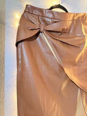 Belle Poque Faux Leather High Waist Knot Wrap Midi Skirt with Slit